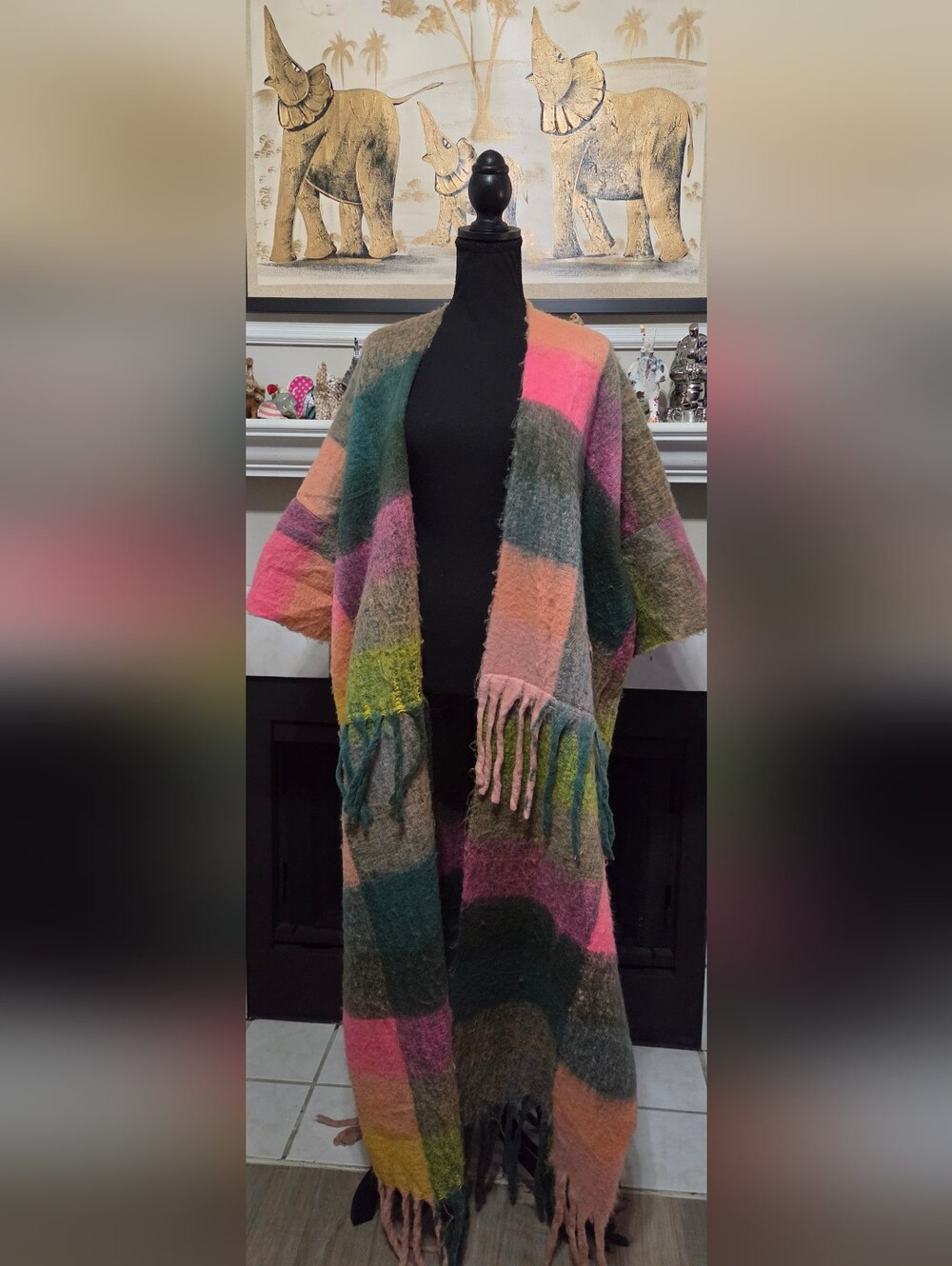 Multicolor Checked Fringe Open-Front Women's Poncho Shrug